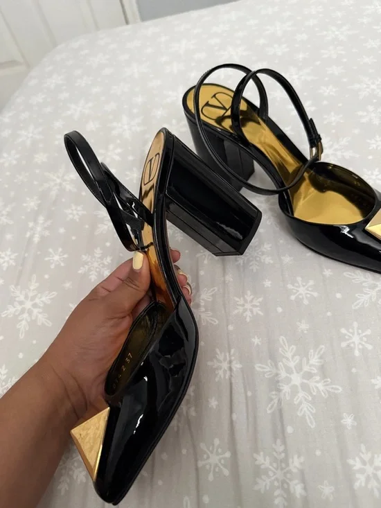 Valentino Black Patent Slingback Pumps with Gold Pyramid Accent - Picture 5 of 15